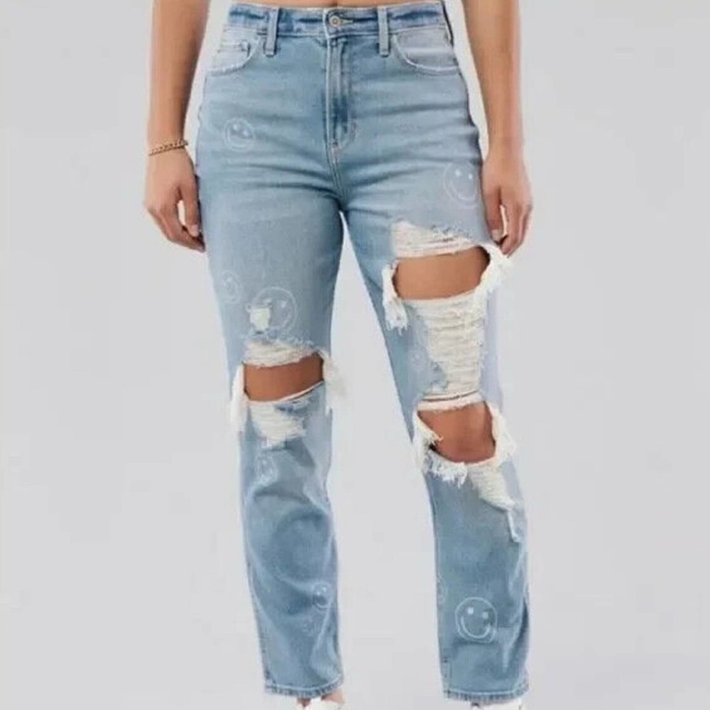 Hollister Ultra High Rise Distressed Smiley Print Mom Jeans